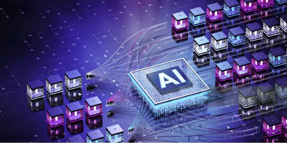 An AI chip on a circuit board lit in purple and blue