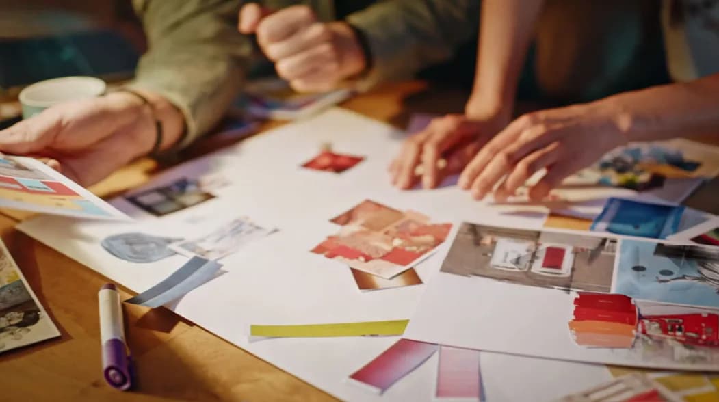 Hands arranging colour swatches and image cuttings on a table
