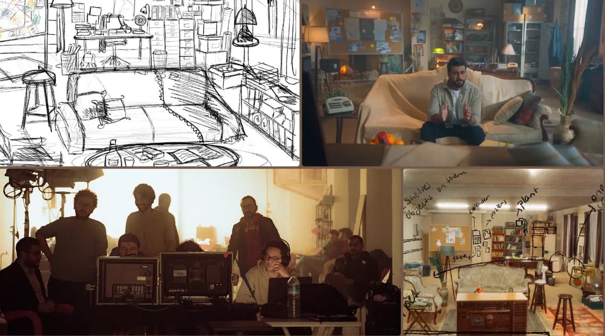 A storyboard sketch beside stills from the shoot: the set and the crew at the monitors