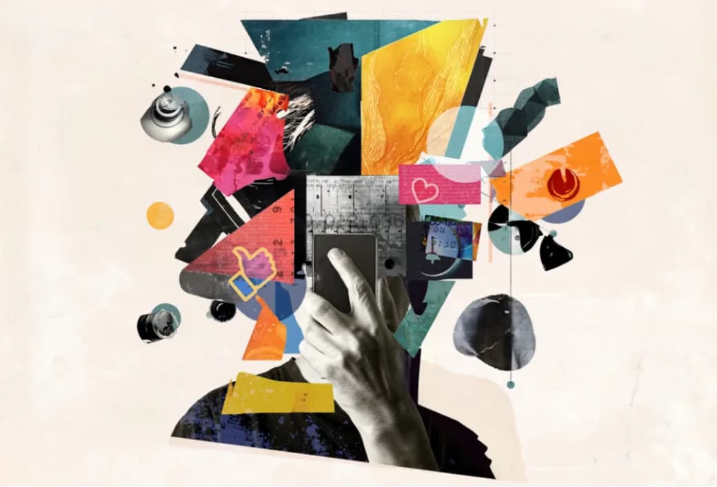 A collage of shapes and pictures around a hand pointing at a screen