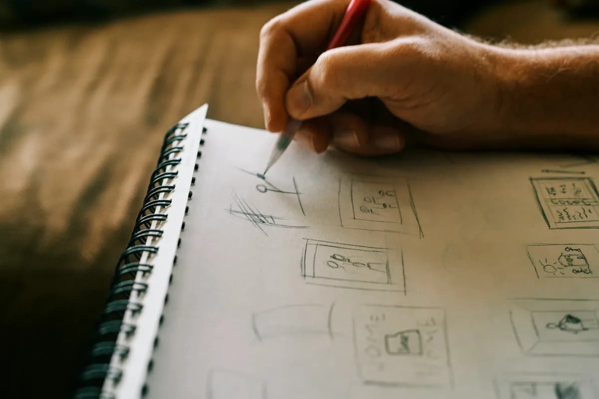 A hand sketching layout ideas in a spiral notebook