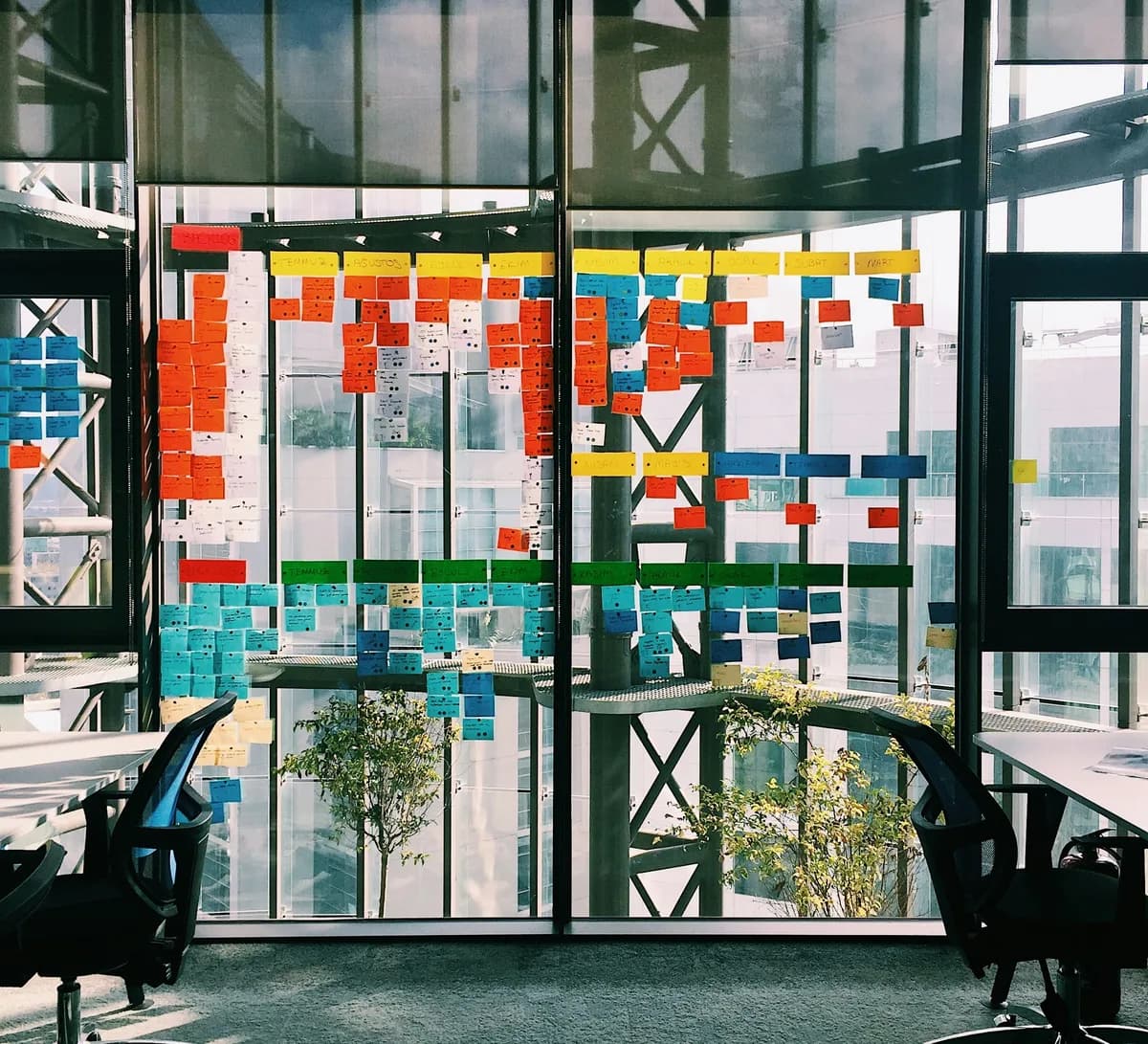 Glass wall covered in rows of coloured sticky notes