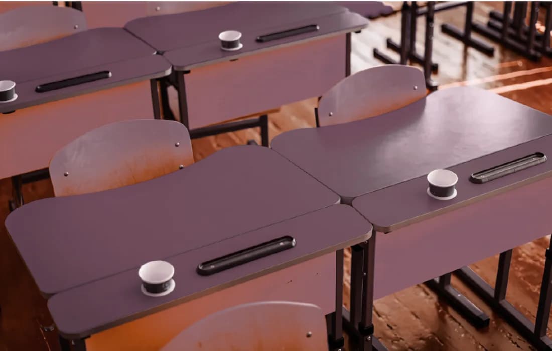 Rows of empty classroom desks