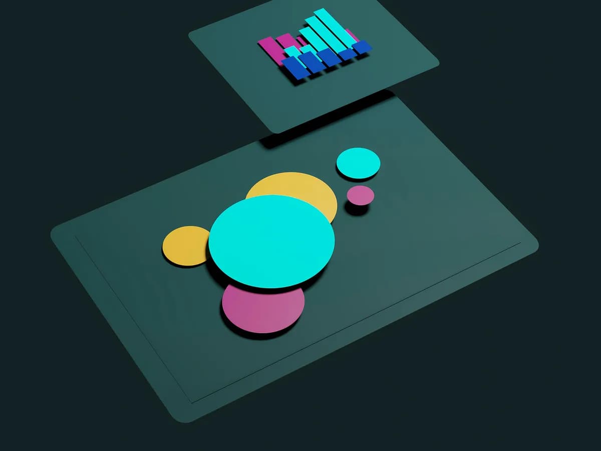Coloured discs and a small bar chart on dark green panels
