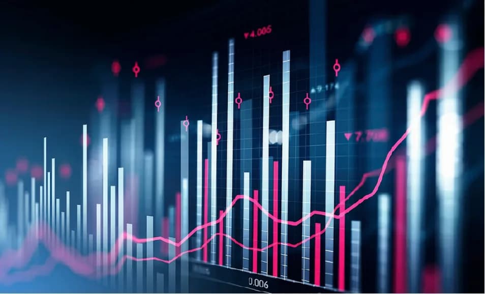 A glowing chart of rising and falling bars