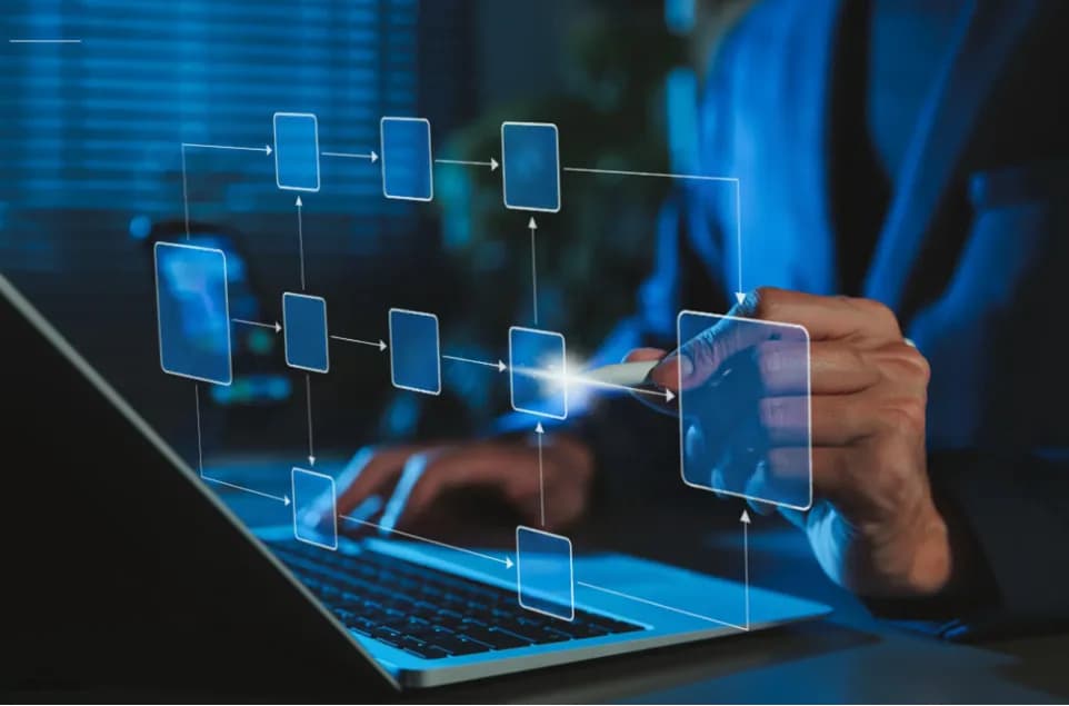 A hand linking the boxes of a glowing flowchart over a laptop
