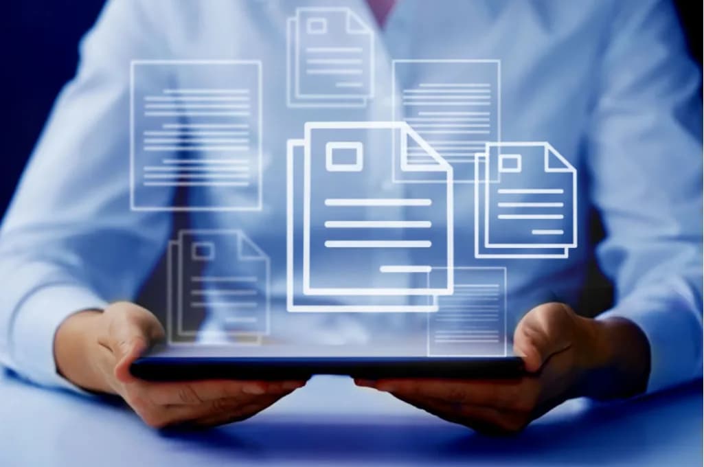 Document icons floating above a tablet held in two hands