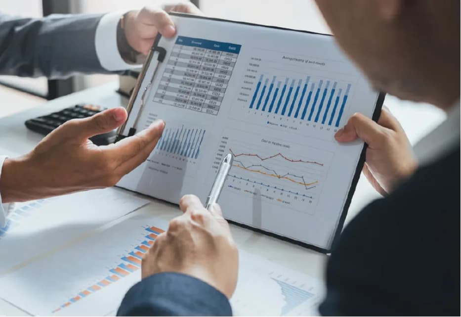 Two people reviewing charts on a tablet