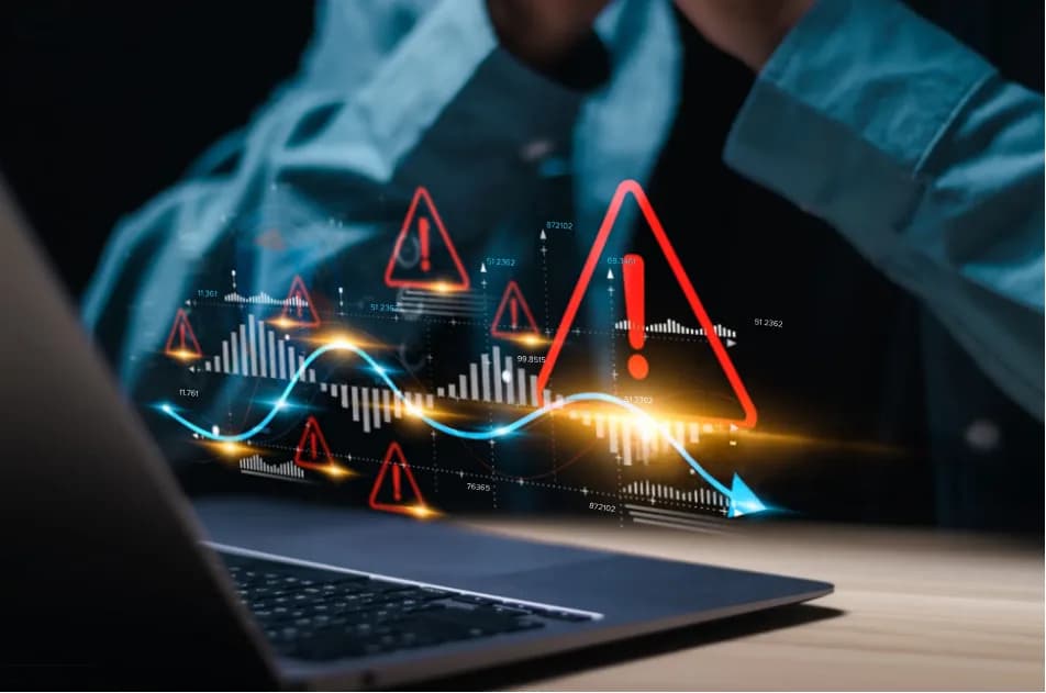 Warning signs glowing above a laptop keyboard