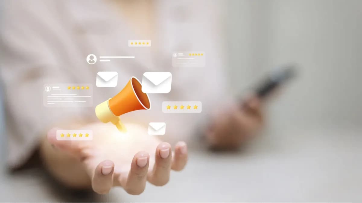 A hand holding a small megaphone among message and rating icons